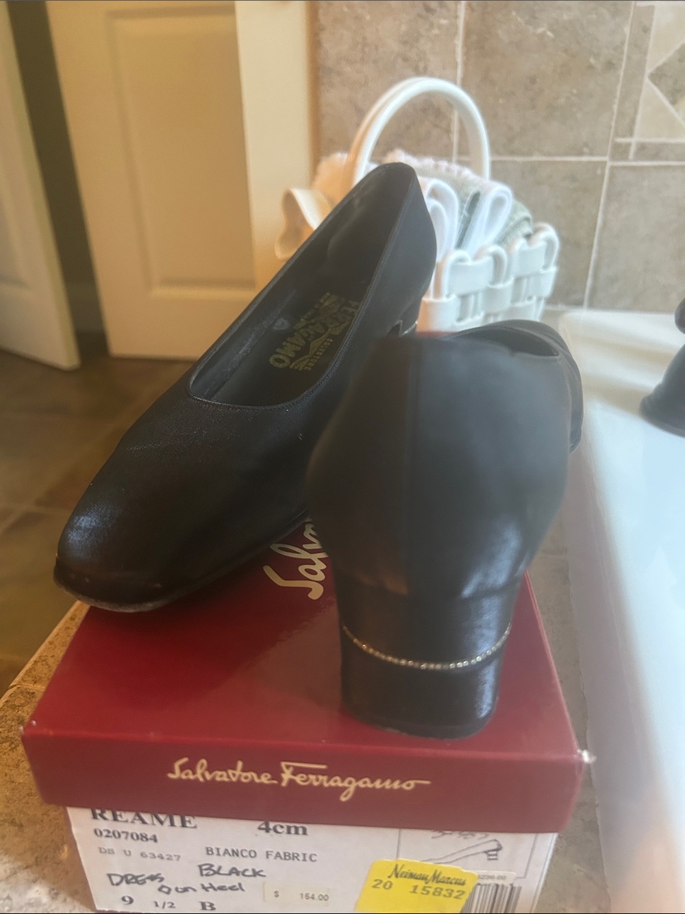 Salvatore Ferragamo Black Satin Block Heel Embellished Pumps